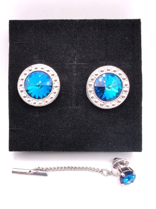 Other - Silver Tone Cufflinks w/ Large Blue Faux Gemstones 7/8" Diam + Matching Tie Tack